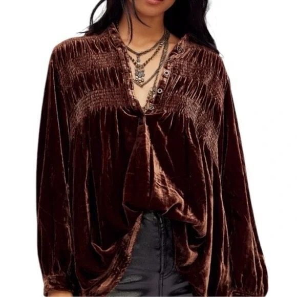 Free People  We The Free Smocked Velvet Henley Tunic Snow Moon Brown Size XS - Picture 1 of 6